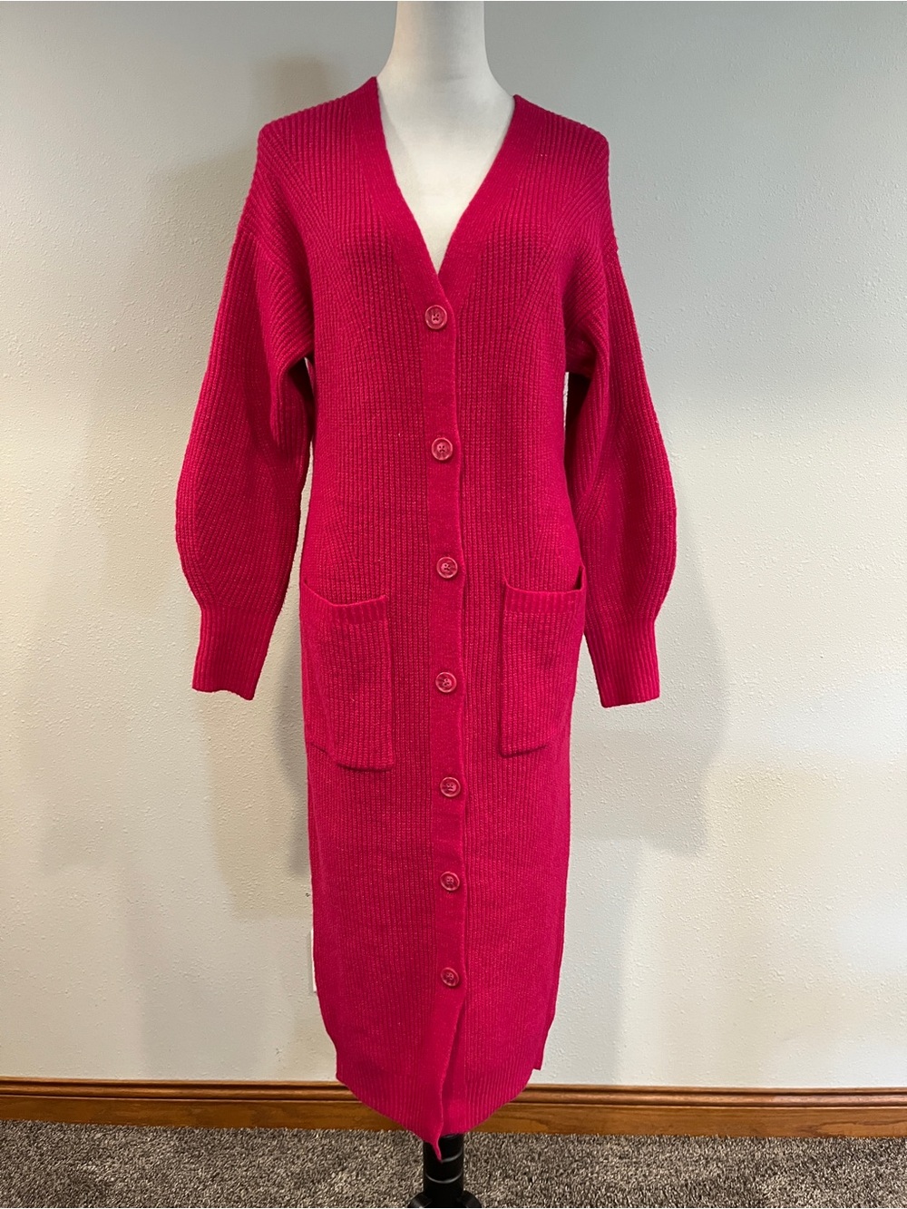 Long Button-Front Knit Cardigan in Bright Fuchsia size extra small